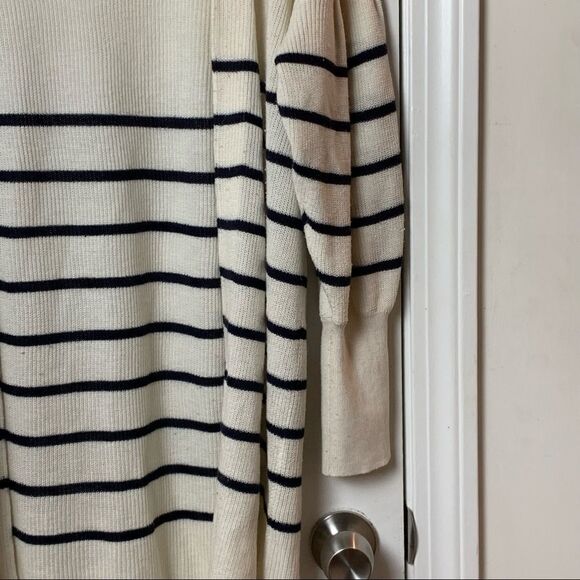 Express Size Small Long Cream and Navy Blue Striped Open Sweater - Picture 3 of 7